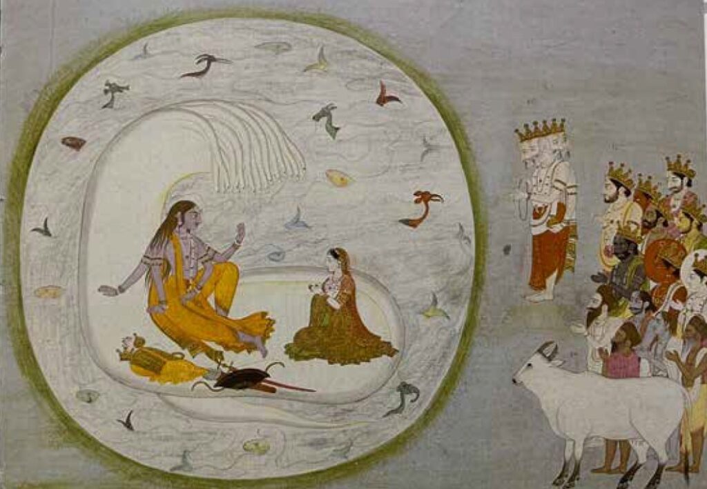 Métaphysique du souffle, hymne 129 Illustration représentant Vishnu et Lakshmi sur Shesha sur l’océan cosmique, (Ian Pereira, wikimedia commons, CC4.0)