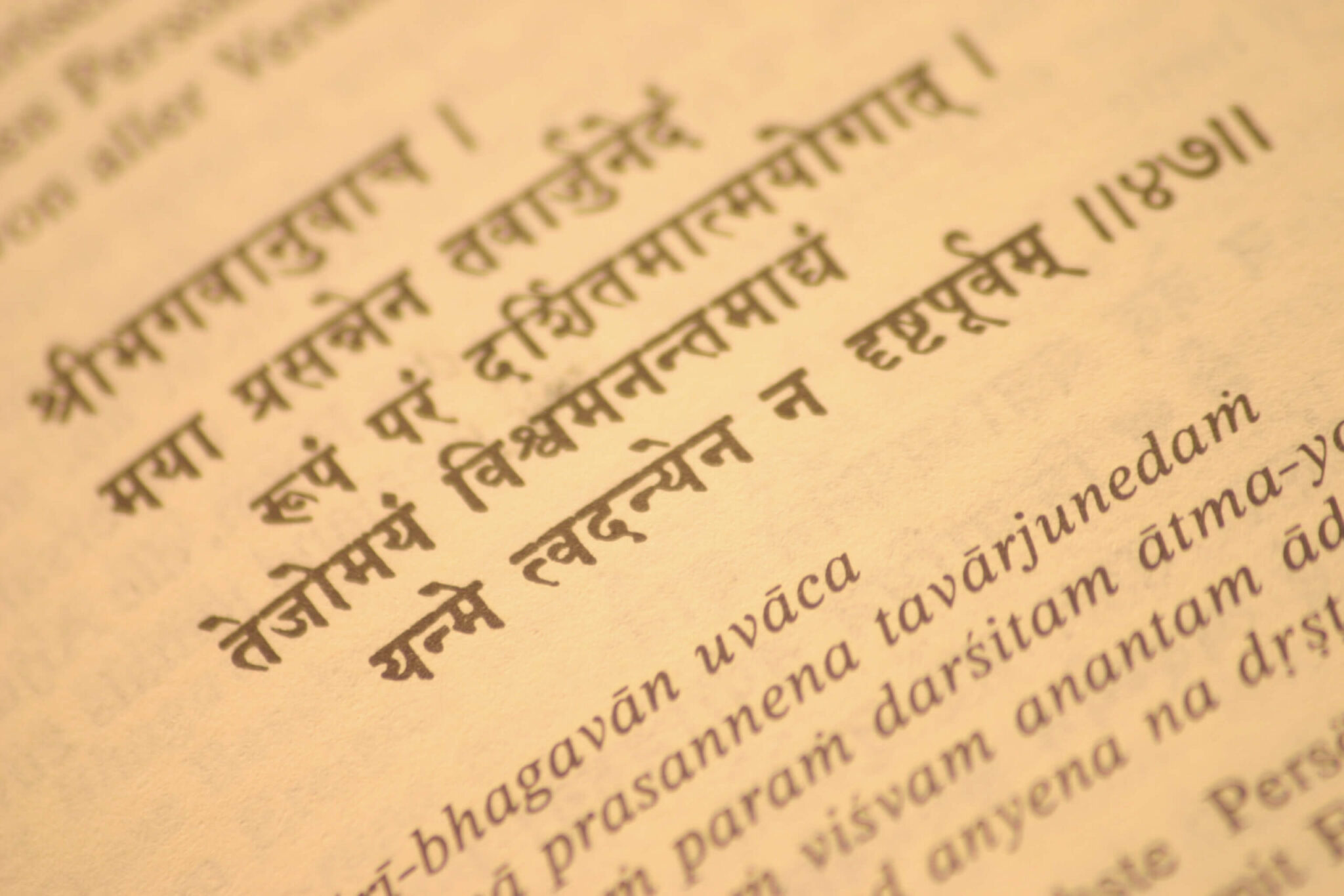 Sanskrit Œuvres Mantra Textes sacrés de l'hindouisme, page d'un livre écrit en sanskrit et sa translitération